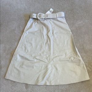 Zara Cream A-Line Belted Faux Leather Midi Skirt size L NWT